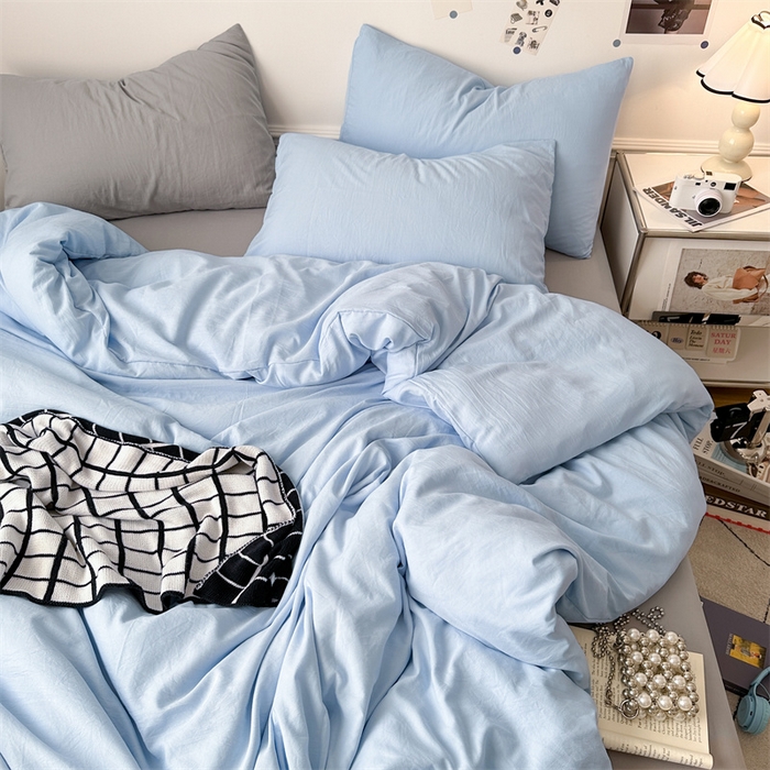91家纺网 家纺一手货源 找家纺 多品家纺 2024新款超柔混搭水洗棉四件套--单被套 雾霾蓝+银灰