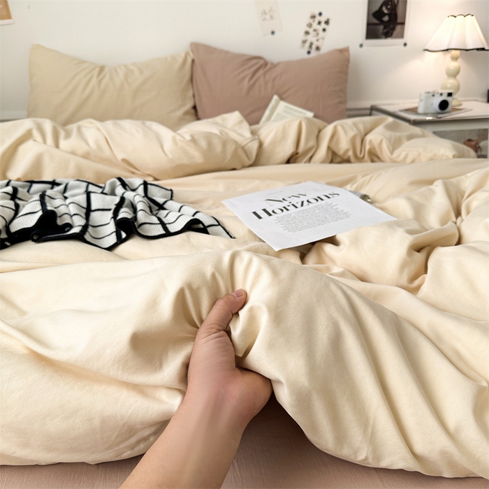 91家纺网 家纺一手货源 找家纺 多品家纺 2024新款超柔混搭水洗棉四件套 米黄+藕粉