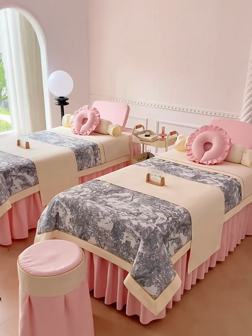 91家纺网 家纺一手货源 找家纺 莉人坊美容床罩批发 2024新款彩棉麻美容床罩系列 粉色清雅