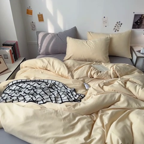 91家纺网 家纺一手货源 找家纺 多品家纺 2024新款超柔混搭水洗棉四件套--单被套 米黄+银灰