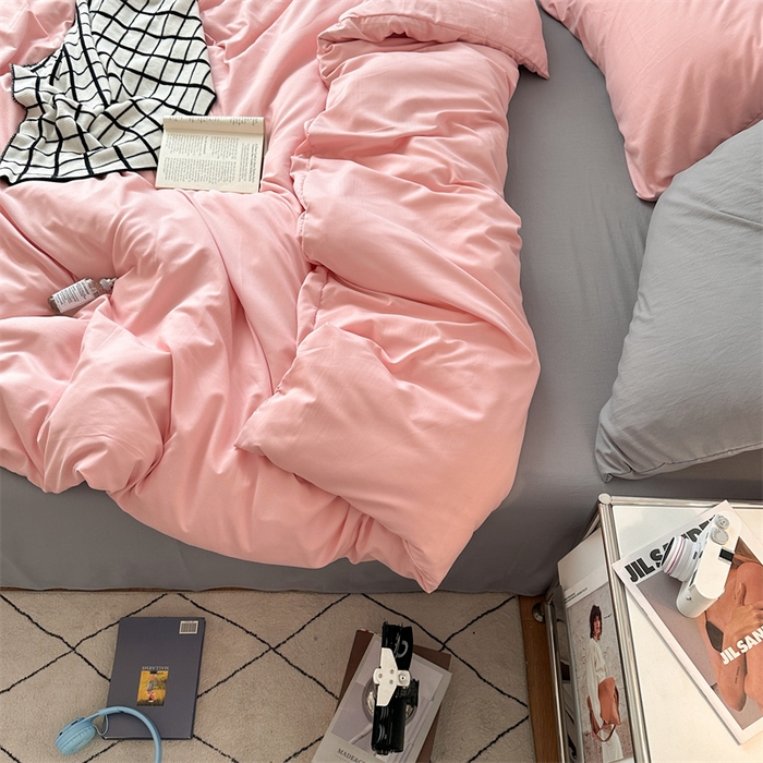 91家纺网 家纺一手货源 找家纺 多品家纺 2024新款超柔混搭水洗棉四件套--单被套 樱花粉+银灰