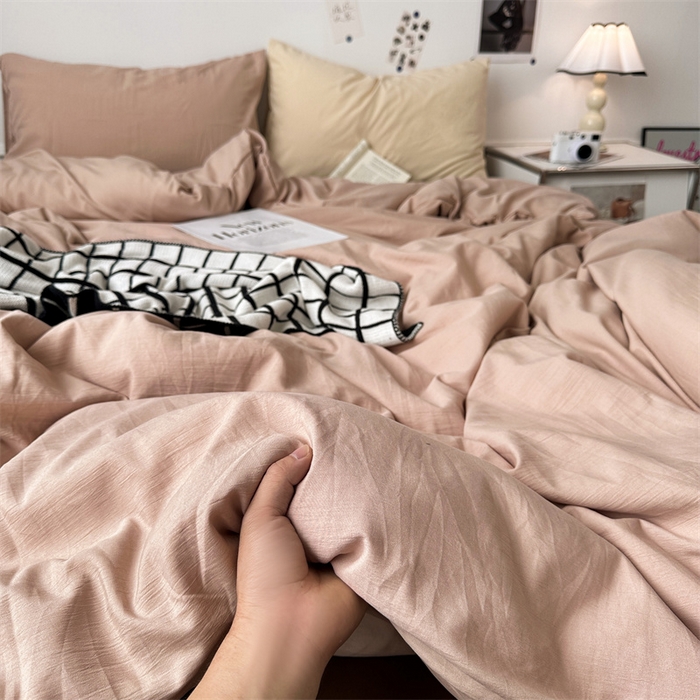 91家纺网 家纺一手货源 找家纺 多品家纺 2024新款超柔混搭水洗棉四件套--单被套 藕粉+棕咖