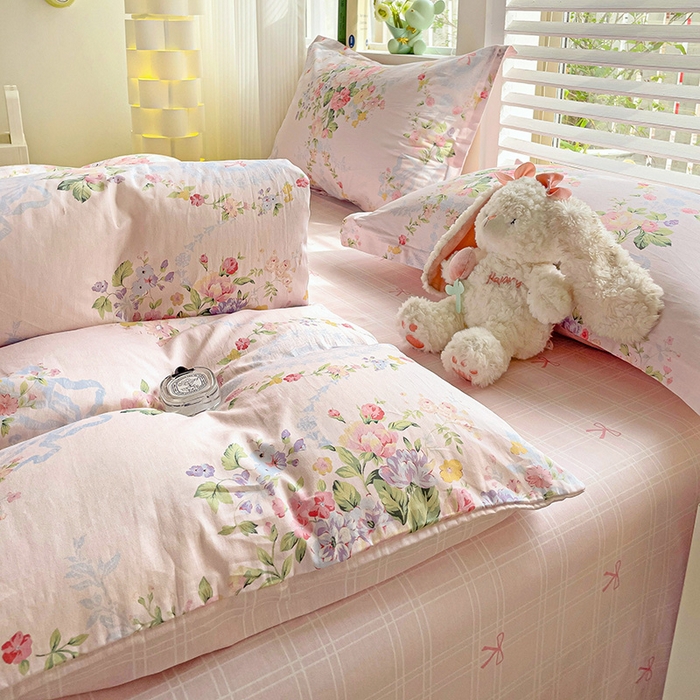 91家纺网 家纺一手货源 找家纺 优选良品 2025新款直播爆款全棉-ins印花系列四件套纯棉三件套床单床笠夕颜花开