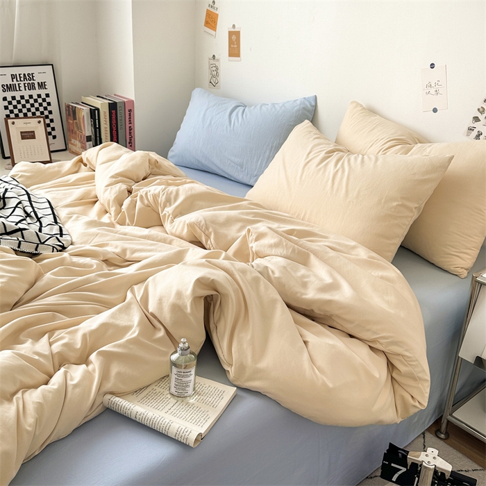 91家纺网 家纺一手货源 找家纺 多品家纺 2024新款超柔混搭水洗棉四件套--单被套 米黄+雾霾蓝
