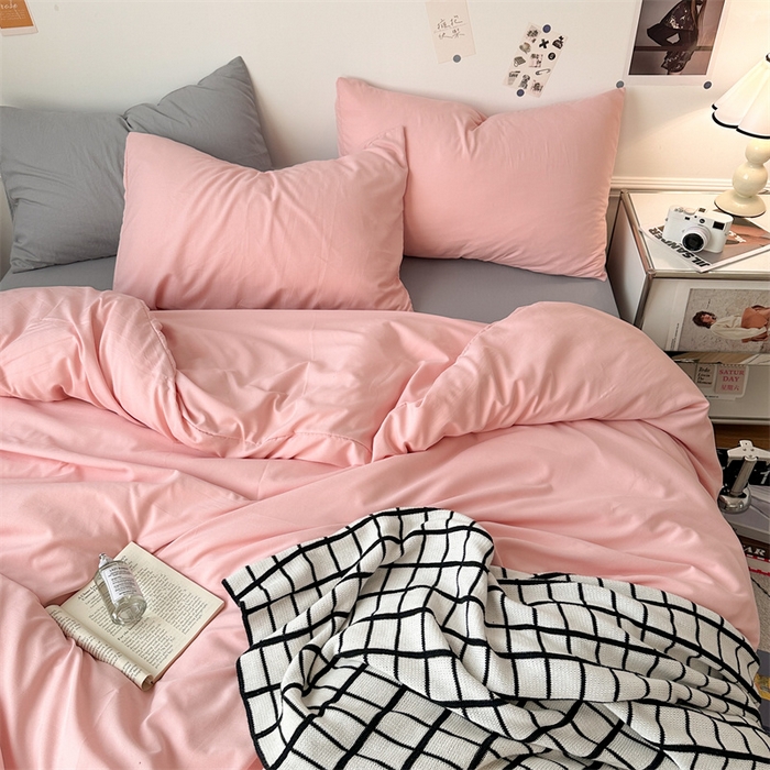 91家纺网 家纺一手货源 找家纺 多品家纺 2024新款超柔混搭水洗棉四件套--单被套 樱花粉+银灰