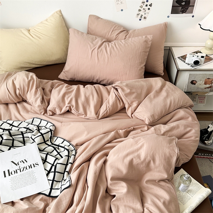 91家纺网 家纺一手货源 找家纺 多品家纺 2024新款超柔混搭水洗棉四件套--单被套 藕粉+棕咖