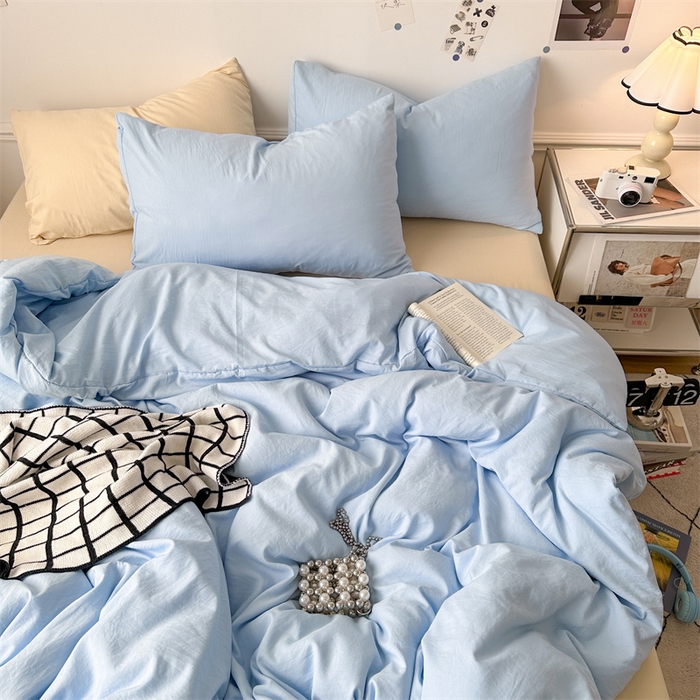 91家纺网 家纺一手货源 找家纺 多品家纺 2024新款超柔混搭水洗棉四件套--单被套 雾霾蓝+米黄