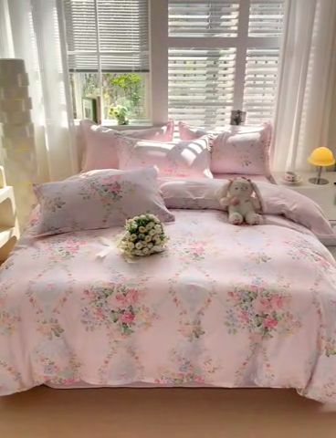91家纺网 家纺一手货源 找家纺 暖芯优选 204新款直播爆款全棉-ins印花系列四件套纯棉三件套床单床笠夕颜花开