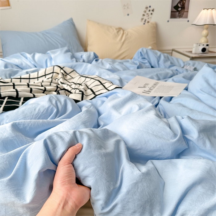 91家纺网 家纺一手货源 找家纺 多品家纺 2024新款超柔混搭水洗棉四件套--单被套 雾霾蓝+米黄