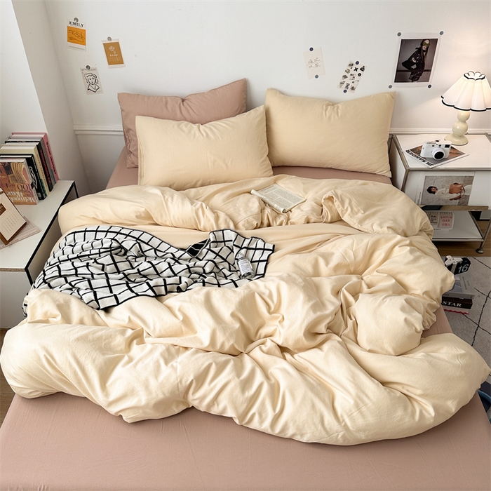 91家纺网 家纺一手货源 找家纺 多品家纺 2024新款超柔混搭水洗棉四件套 米黄+藕粉