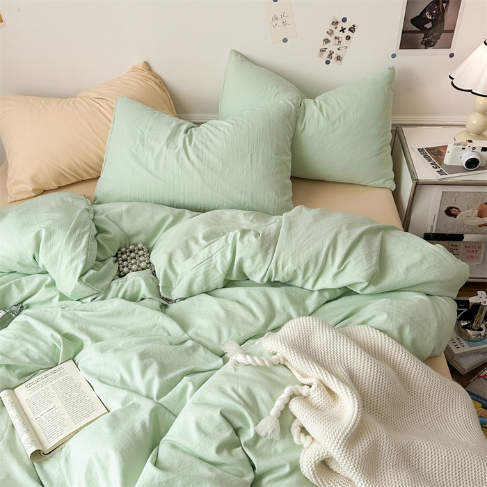 91家纺网 家纺一手货源 找家纺 多品家纺 2024新款超柔混搭水洗棉四件套--单被套 藻绿+米黄