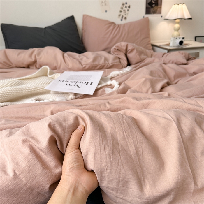 91家纺网 家纺一手货源 找家纺 多品家纺 2024新款超柔混搭水洗棉四件套--单被套 藕粉+深灰
