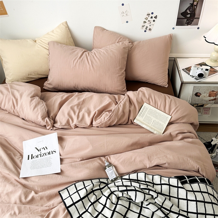 91家纺网 家纺一手货源 找家纺 多品家纺 2024新款超柔混搭水洗棉四件套--单被套 藕粉+棕咖