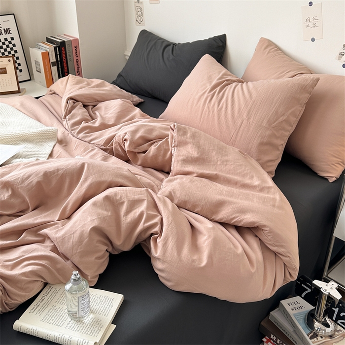 91家纺网 家纺一手货源 找家纺 多品家纺 2024新款超柔混搭水洗棉四件套--单被套 藕粉+深灰