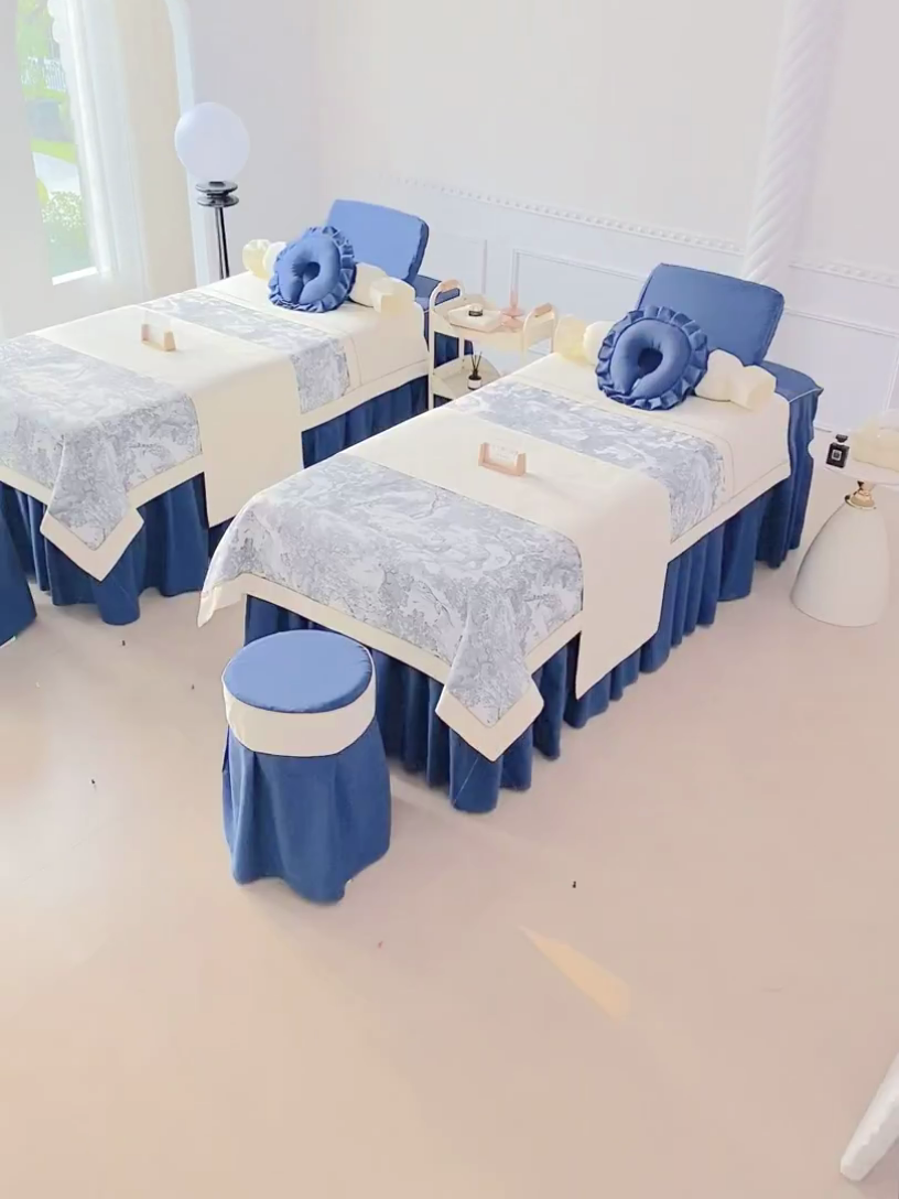 91家纺网 家纺一手货源 找家纺 莉人坊美容床罩批发 2024新款彩棉麻美容床罩系列 清雅海蓝