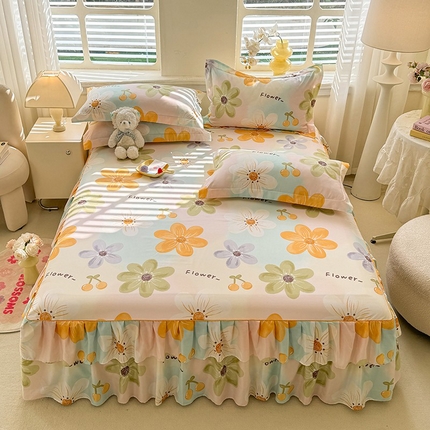 91家纺网 家纺一手货源 找家纺 优家居 2025新款芦荟棉双层边韩版公主风花边三件套外贸直播爆款 浅浅花漾