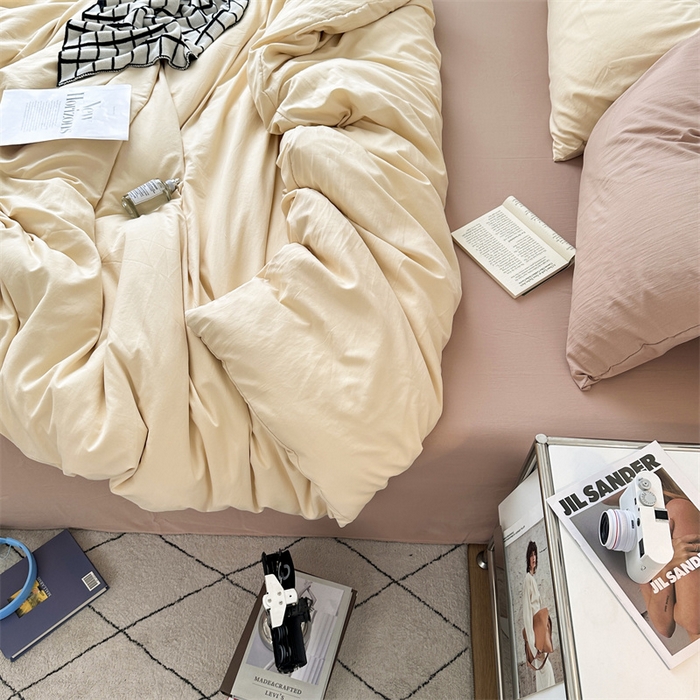 91家纺网 家纺一手货源 找家纺 多品家纺 2024新款超柔混搭水洗棉四件套 米黄+藕粉