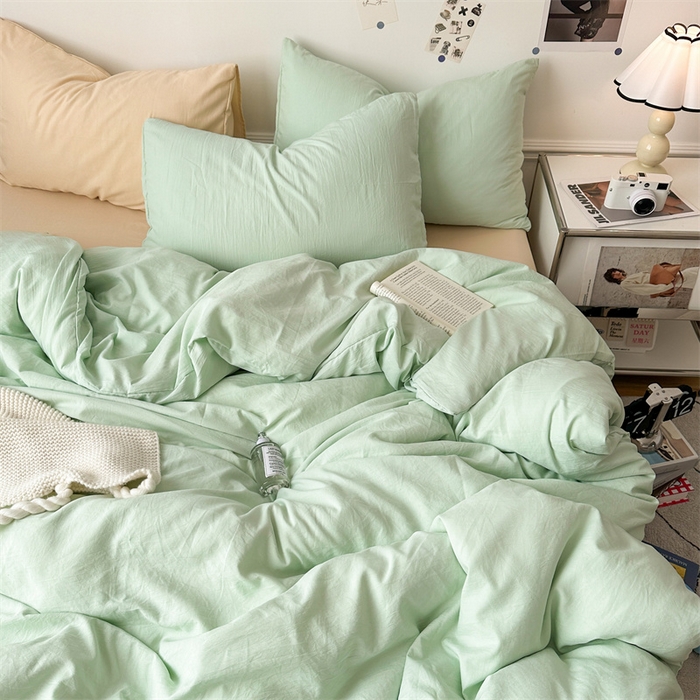 91家纺网 家纺一手货源 找家纺 多品家纺 2024新款超柔混搭水洗棉四件套 藻绿+米黄