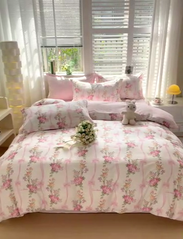 91家纺网 家纺一手货源 找家纺 暖芯优选 204新款直播爆款全棉-ins印花系列四件套纯棉三件套床单床笠浪漫蝴蝶结