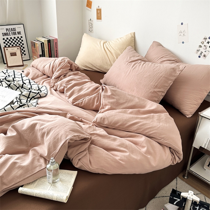 91家纺网 家纺一手货源 找家纺 多品家纺 2024新款超柔混搭水洗棉四件套--单被套 藕粉+棕咖