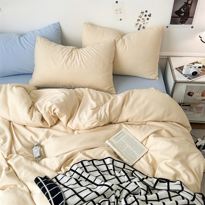 91家纺网 家纺一手货源 找家纺 多品家纺 2024新款超柔混搭水洗棉四件套--单被套 米黄+雾霾蓝