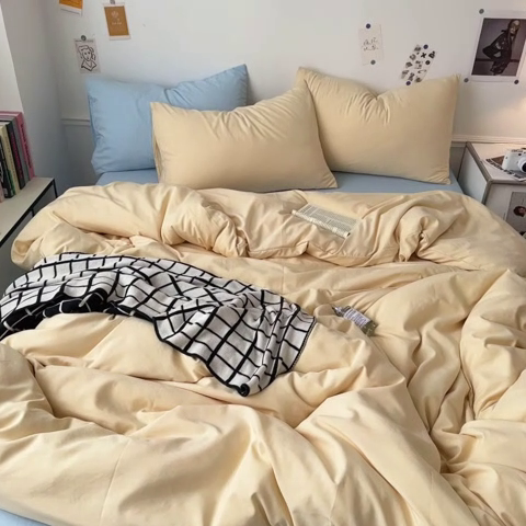 91家纺网 家纺一手货源 找家纺 多品家纺 2024新款超柔混搭水洗棉四件套 米黄+雾霾蓝