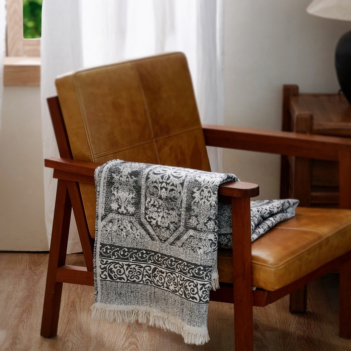 91家纺网 家纺一手货源 找家纺 子和 2024新款全棉缩绒毯（浅色） 大马士革深碳灰