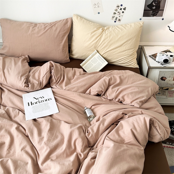 91家纺网 家纺一手货源 找家纺 多品家纺 2024新款超柔混搭水洗棉四件套--单被套 藕粉+棕咖