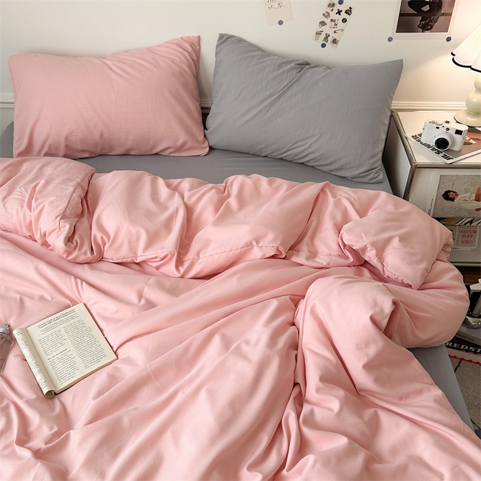 91家纺网 家纺一手货源 找家纺 多品家纺 2024新款超柔混搭水洗棉四件套--单被套 樱花粉+银灰