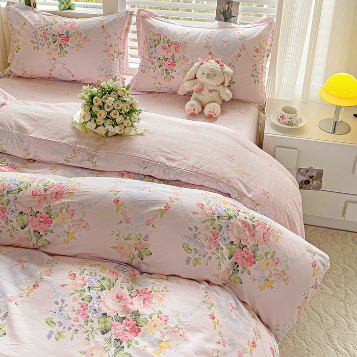 91家纺网 家纺一手货源 找家纺 暖芯优选 204新款直播爆款全棉-ins印花系列四件套纯棉三件套床单床笠夕颜花开