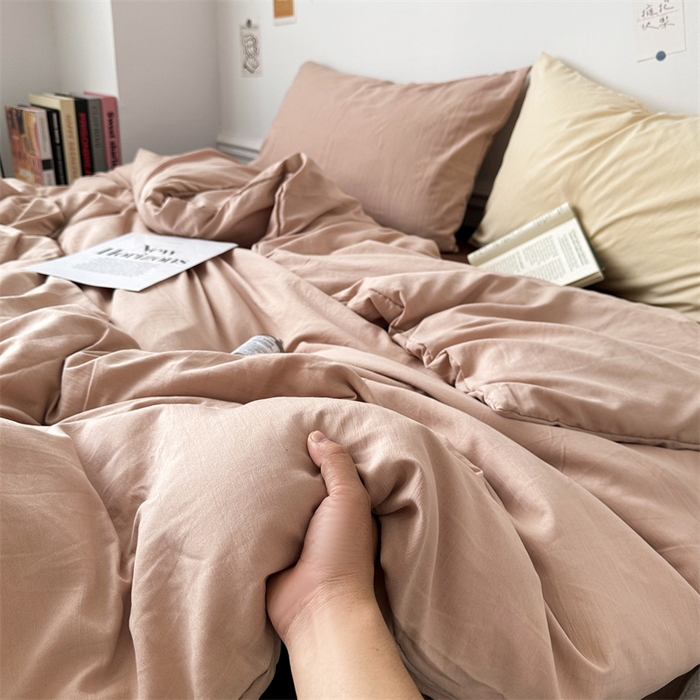 91家纺网 家纺一手货源 找家纺 多品家纺 2024新款超柔混搭水洗棉四件套--单被套 藕粉+棕咖