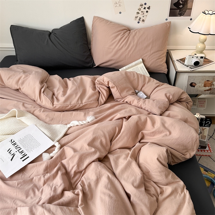 91家纺网 家纺一手货源 找家纺 多品家纺 2024新款超柔混搭水洗棉四件套 藕粉+深灰