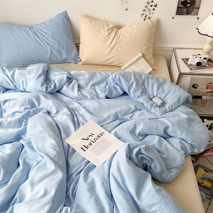 91家纺网 家纺一手货源 找家纺 多品家纺 2024新款超柔混搭水洗棉四件套 雾霾蓝+米黄