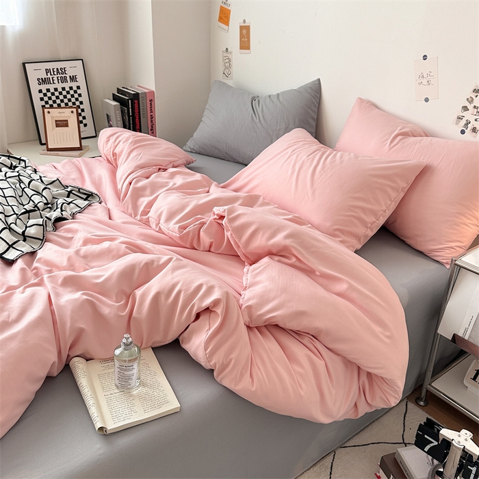 91家纺网 家纺一手货源 找家纺 多品家纺 2024新款超柔混搭水洗棉四件套--单被套 樱花粉+银灰