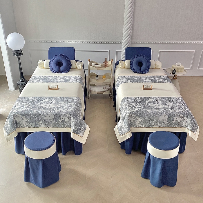 91家纺网 家纺一手货源 找家纺 莉人坊美容床罩批发 2024新款彩棉麻美容床罩系列 清雅海蓝