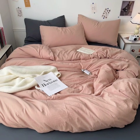 91家纺网 家纺一手货源 找家纺 多品家纺 2024新款超柔混搭水洗棉四件套--单被套 卡其灰+深灰