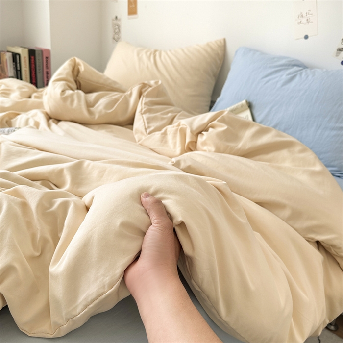 91家纺网 家纺一手货源 找家纺 多品家纺 2024新款超柔混搭水洗棉四件套 米黄+雾霾蓝