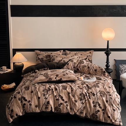 91家纺网 家纺一手货源 找家纺 798家纺 2025新款兔毛印花四件套美拉德系列 美拉德-连枝咖