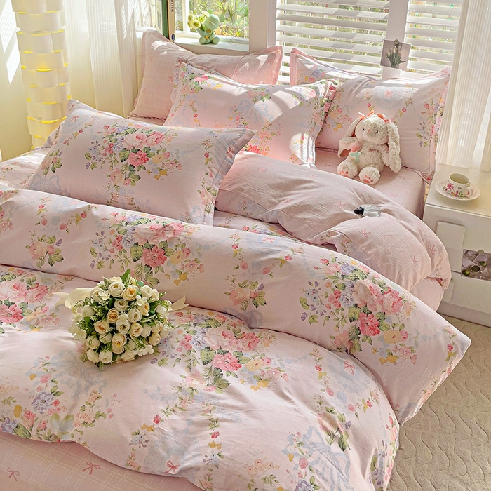 91家纺网 家纺一手货源 找家纺 优选良品 2025新款直播爆款全棉-ins印花系列四件套纯棉三件套床单床笠夕颜花开