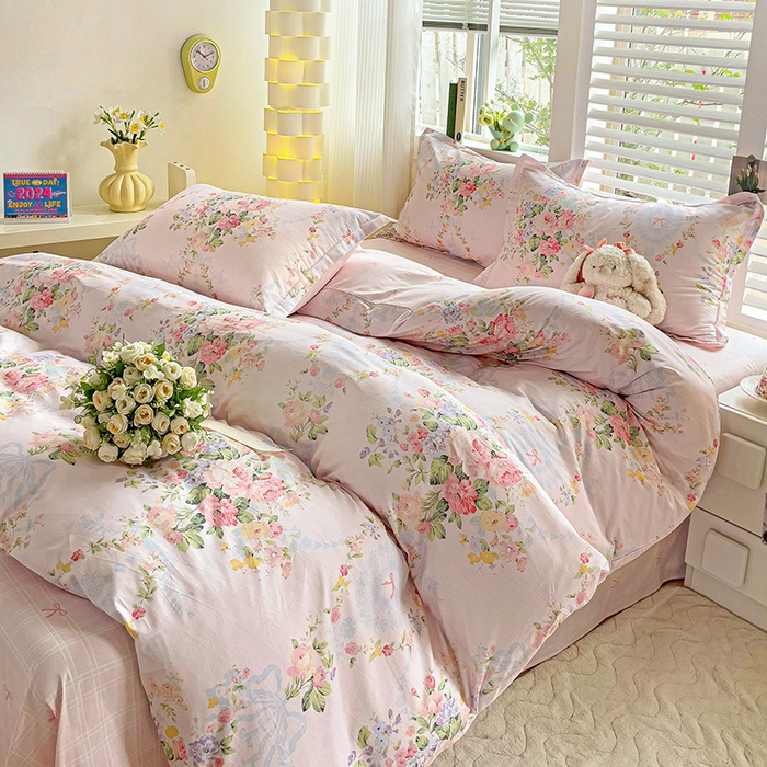 91家纺网 家纺一手货源 找家纺 暖芯优选 204新款直播爆款全棉-ins印花系列四件套纯棉三件套床单床笠夕颜花开