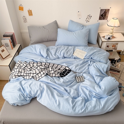 多品家纺 2024新款超柔混搭水洗棉四件套--单被套 雾霾蓝+银灰