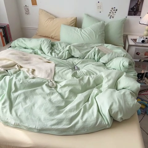 91家纺网 家纺一手货源 找家纺 多品家纺 2024新款超柔混搭水洗棉四件套--单被套 藻绿+米黄