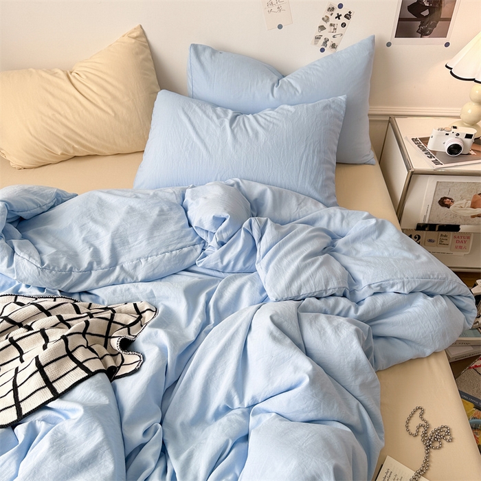 91家纺网 家纺一手货源 找家纺 多品家纺 2024新款超柔混搭水洗棉四件套 雾霾蓝+米黄