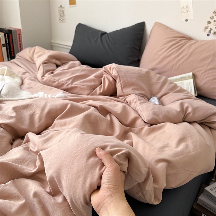 91家纺网 家纺一手货源 找家纺 多品家纺 2024新款超柔混搭水洗棉四件套 藕粉+深灰