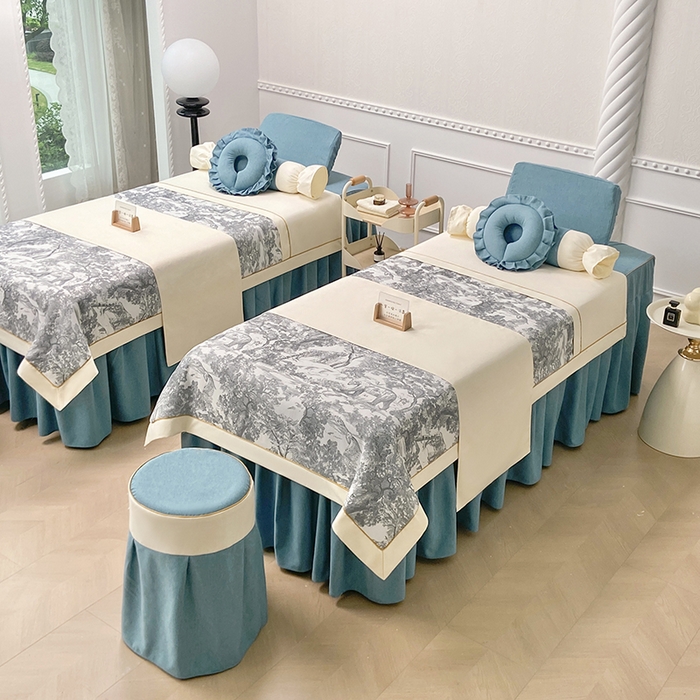 91家纺网 家纺一手货源 找家纺 莉人坊美容床罩批发 2024新款彩棉麻美容床罩系列 清雅湖蓝