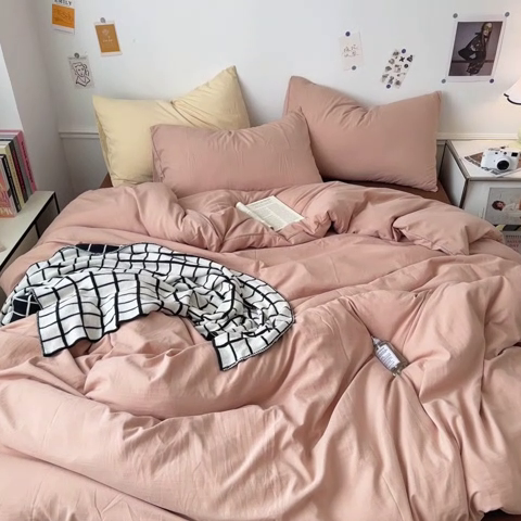 91家纺网 家纺一手货源 找家纺 多品家纺 2024新款超柔混搭水洗棉四件套--单被套 藕粉+棕咖