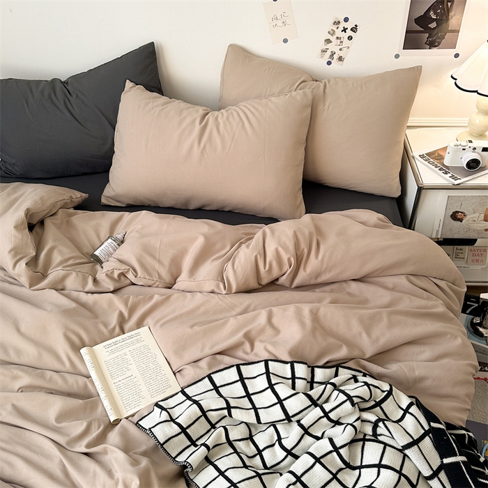 91家纺网 家纺一手货源 找家纺 多品家纺 2024新款超柔混搭水洗棉四件套 卡其灰+深灰