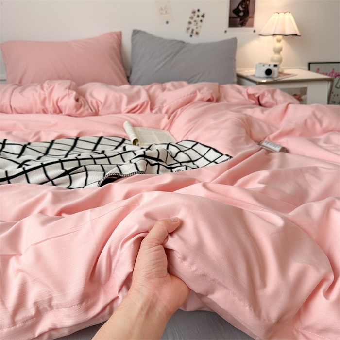 91家纺网 家纺一手货源 找家纺 多品家纺 2024新款超柔混搭水洗棉四件套--单被套 樱花粉+银灰