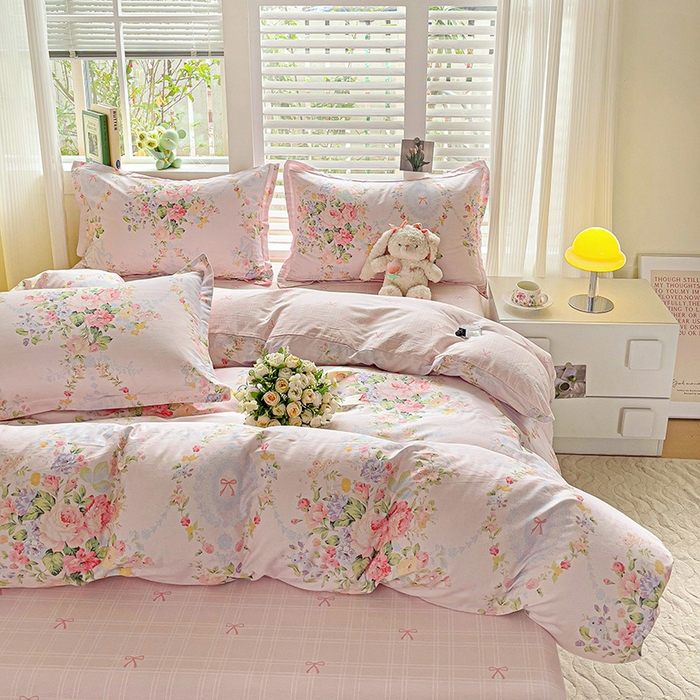 91家纺网 家纺一手货源 找家纺 暖芯优选 204新款直播爆款全棉-ins印花系列四件套纯棉三件套床单床笠夕颜花开