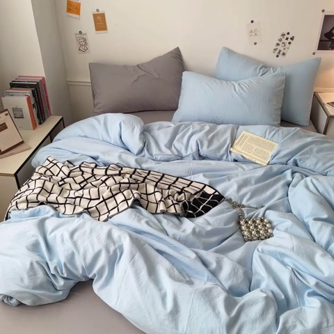 91家纺网 家纺一手货源 找家纺 多品家纺 2024新款超柔混搭水洗棉四件套--单被套 雾霾蓝+银灰